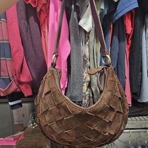Brown Suede Woven Shoulder Bag